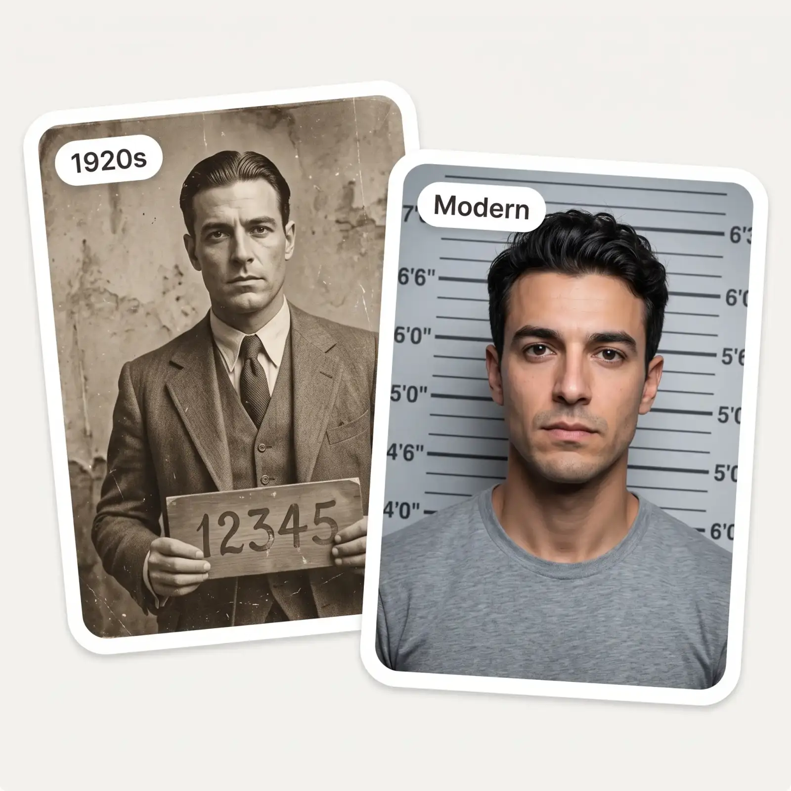 The same man as a sepia 1920s mugshot and a modern color booking photo
