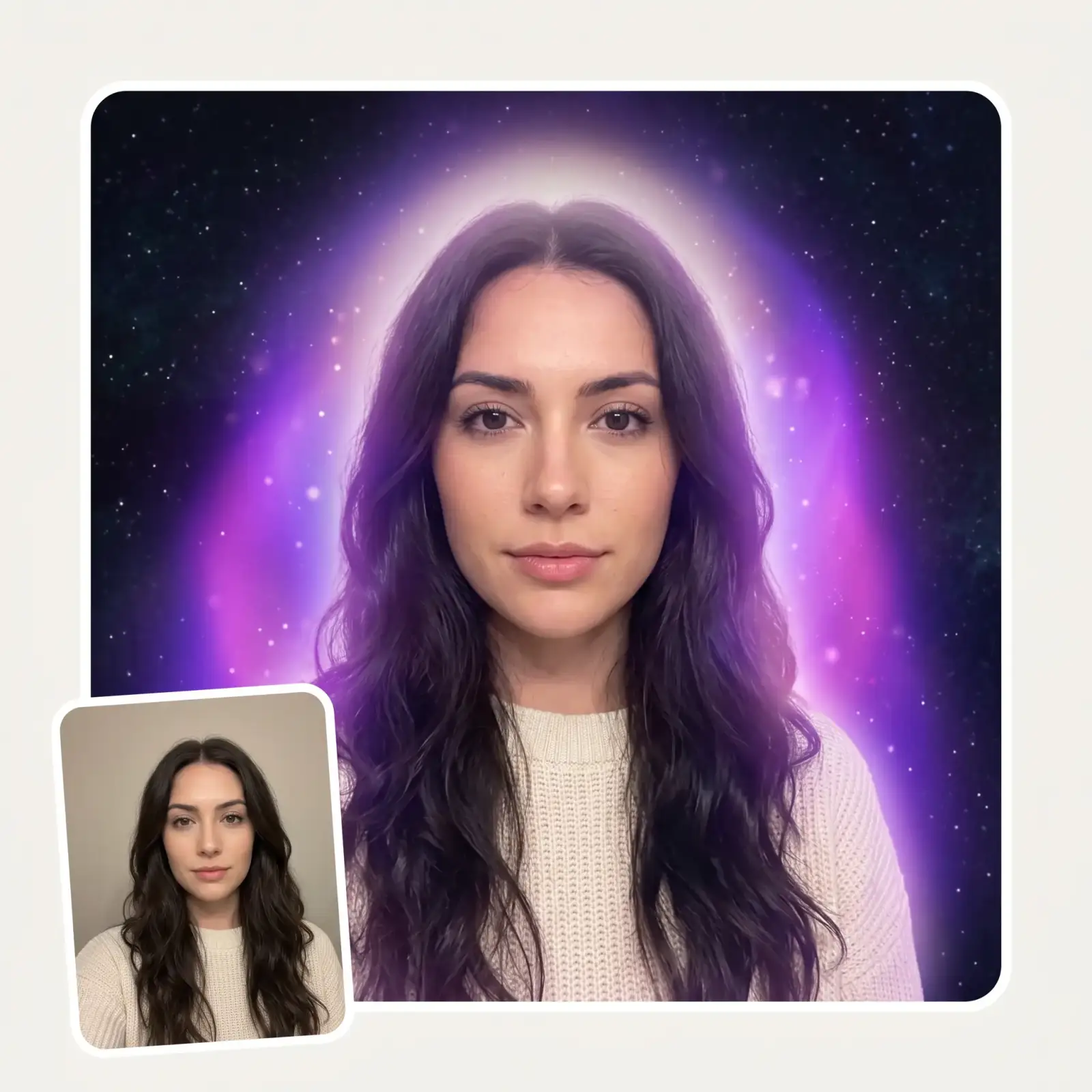 AI aura reading before and after — a plain selfie turned into a glowing violet aura portrait