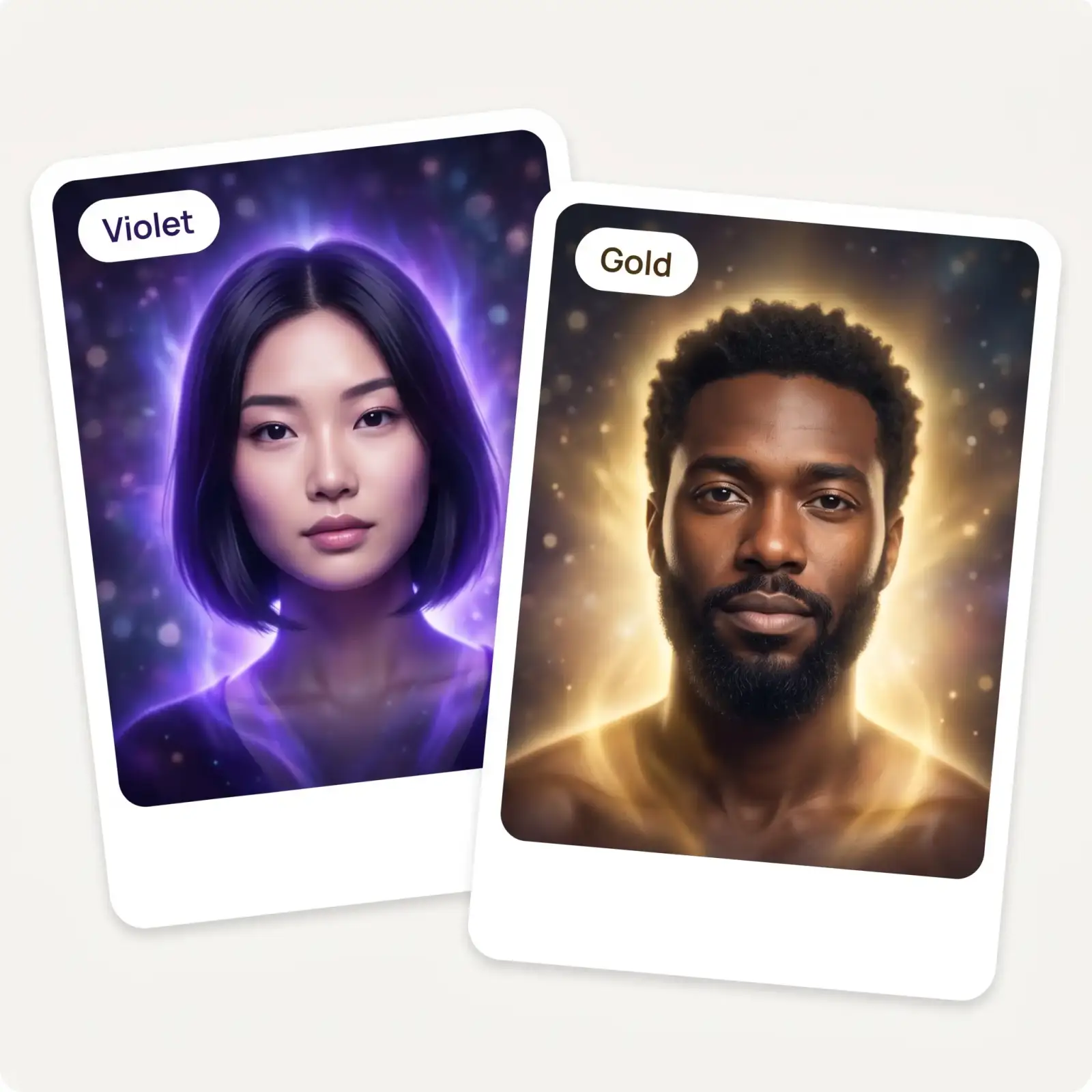 Two aura portraits with different aura colors — a violet aura and a golden aura