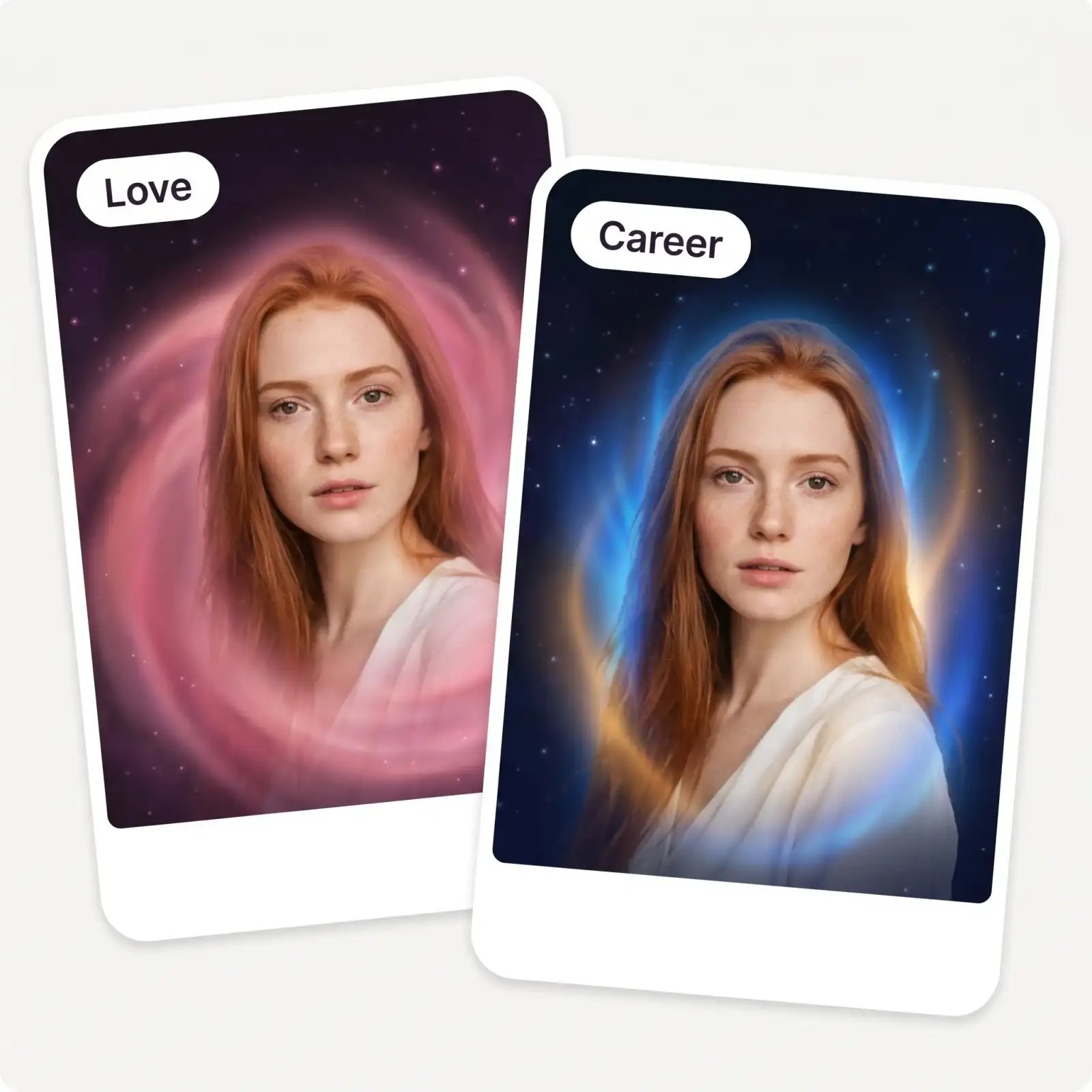 The same woman's aura read with a Love focus in pink and a Career focus in gold and blue