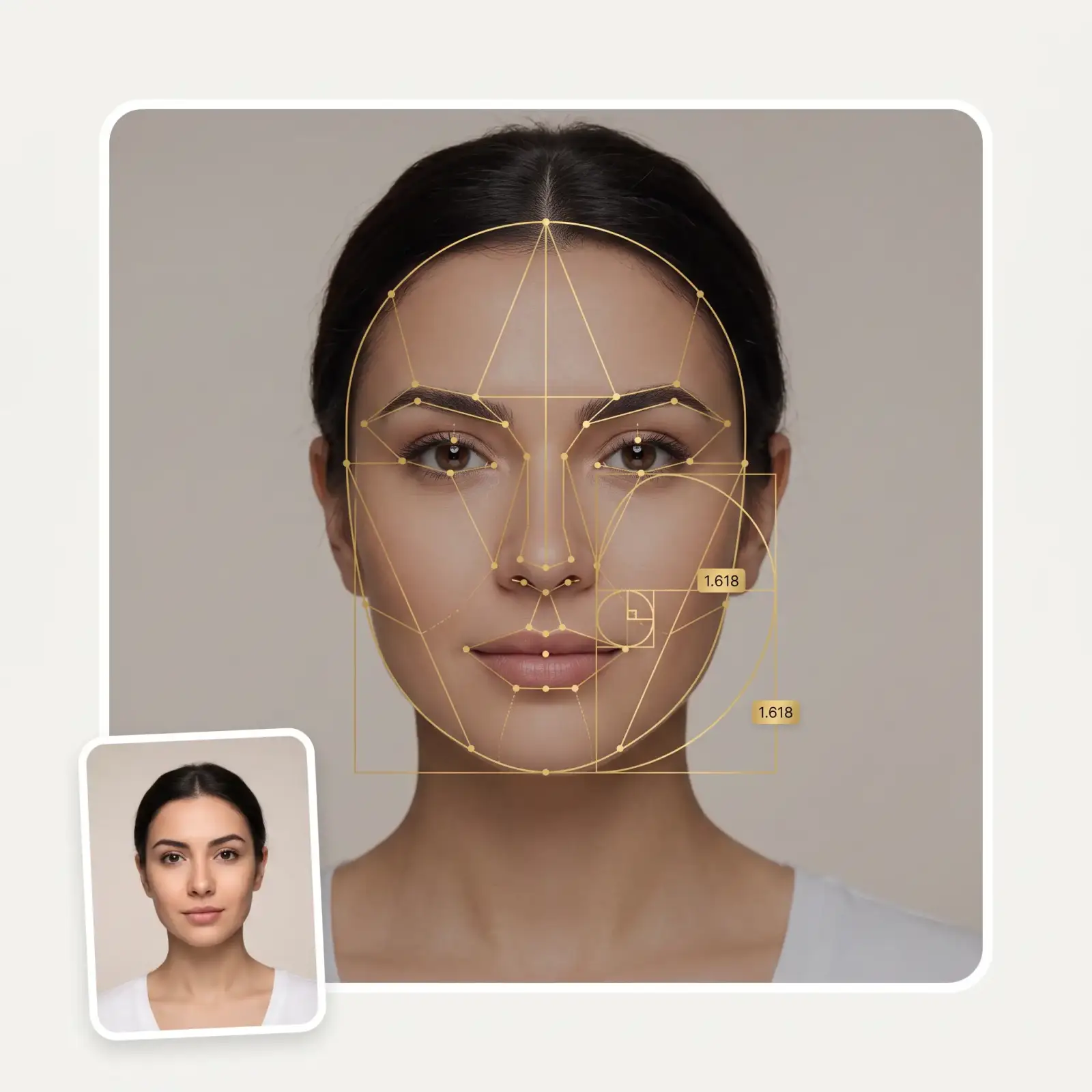 Golden ratio face test before and after — a selfie overlaid with the golden phi measurement mask and 1.618 labels