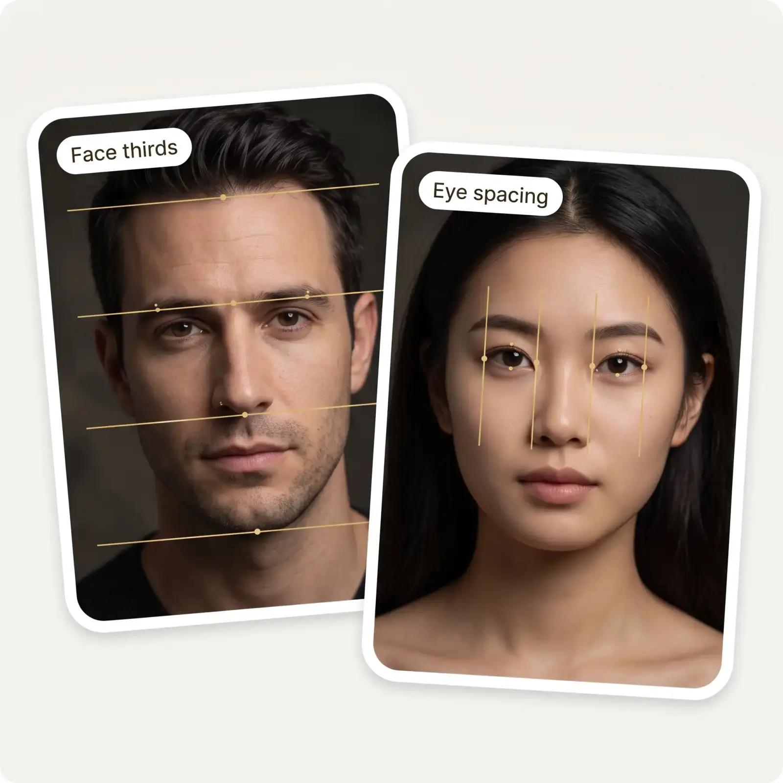Two golden ratio face measurements — face thirds on a man and eye spacing on a woman