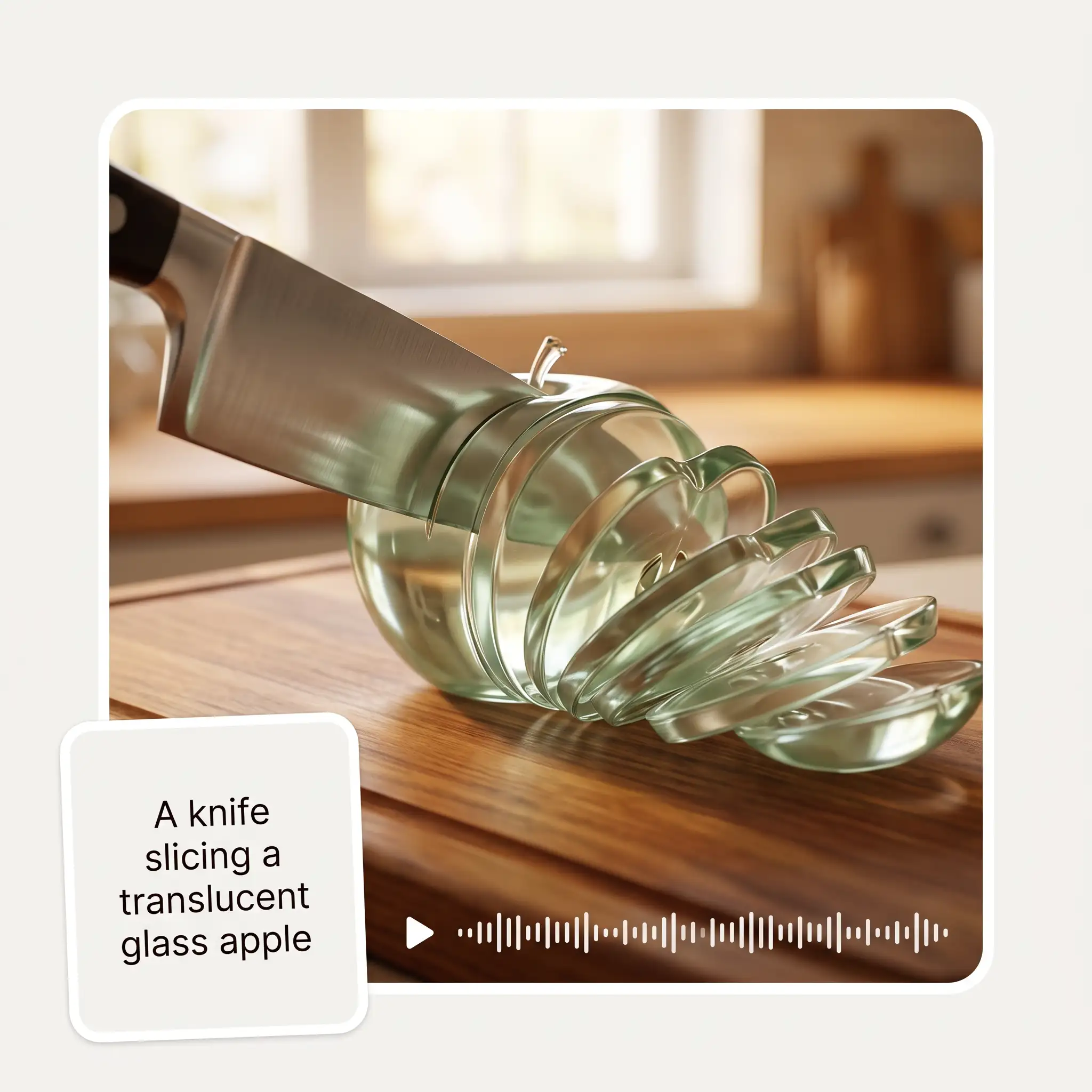 Text prompt turned into an ASMR video of a knife slicing a translucent glass apple, with a play button and audio waveform