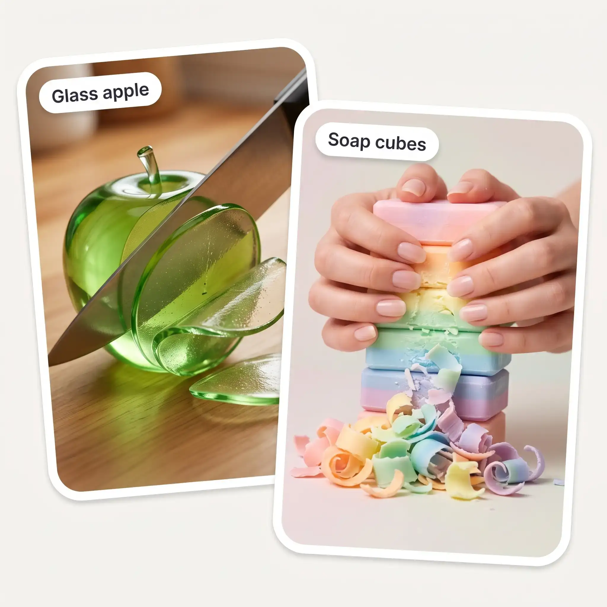 Two AI ASMR video examples: a knife slicing a glass apple and hands crushing pastel rainbow soap cubes