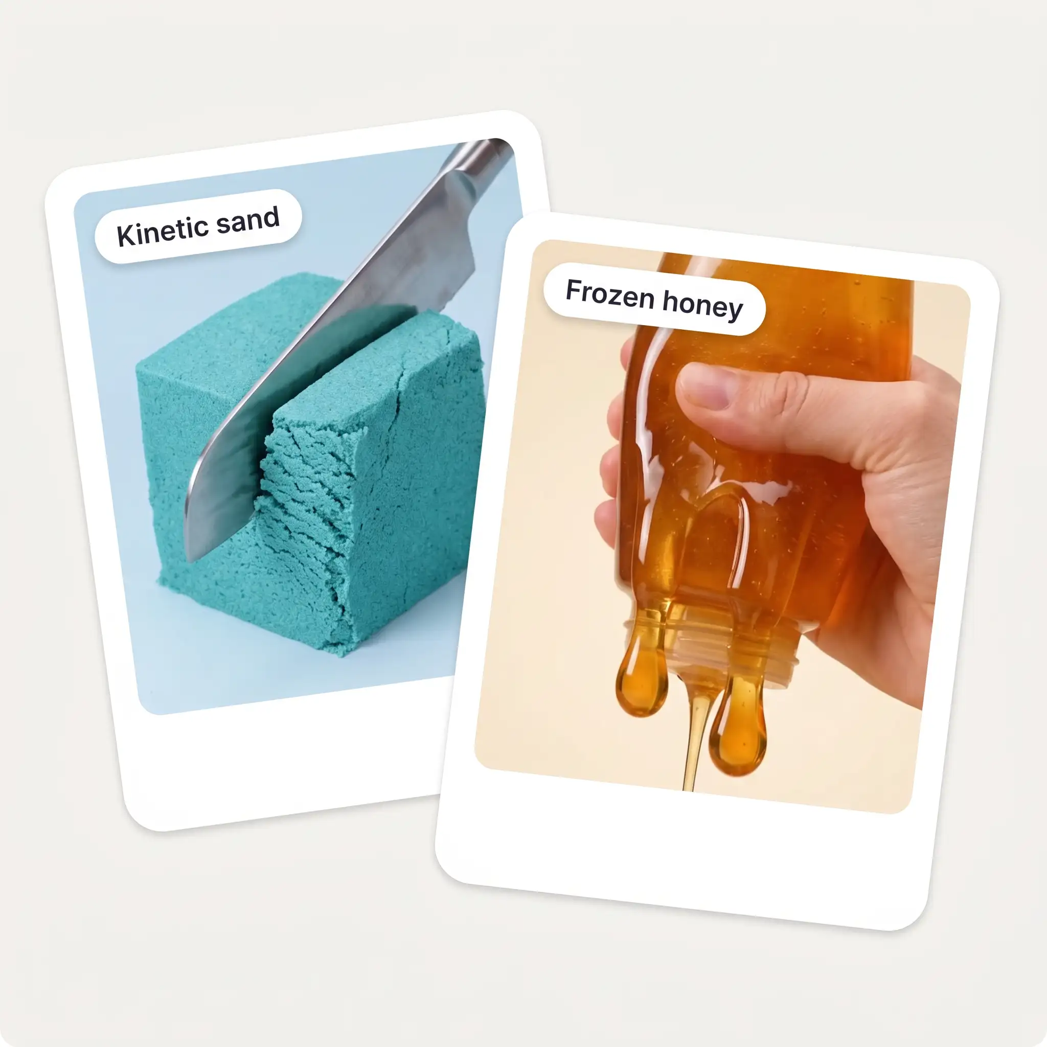 Two AI ASMR video examples: a knife slicing turquoise kinetic sand and a hand squeezing a frozen honey bottle