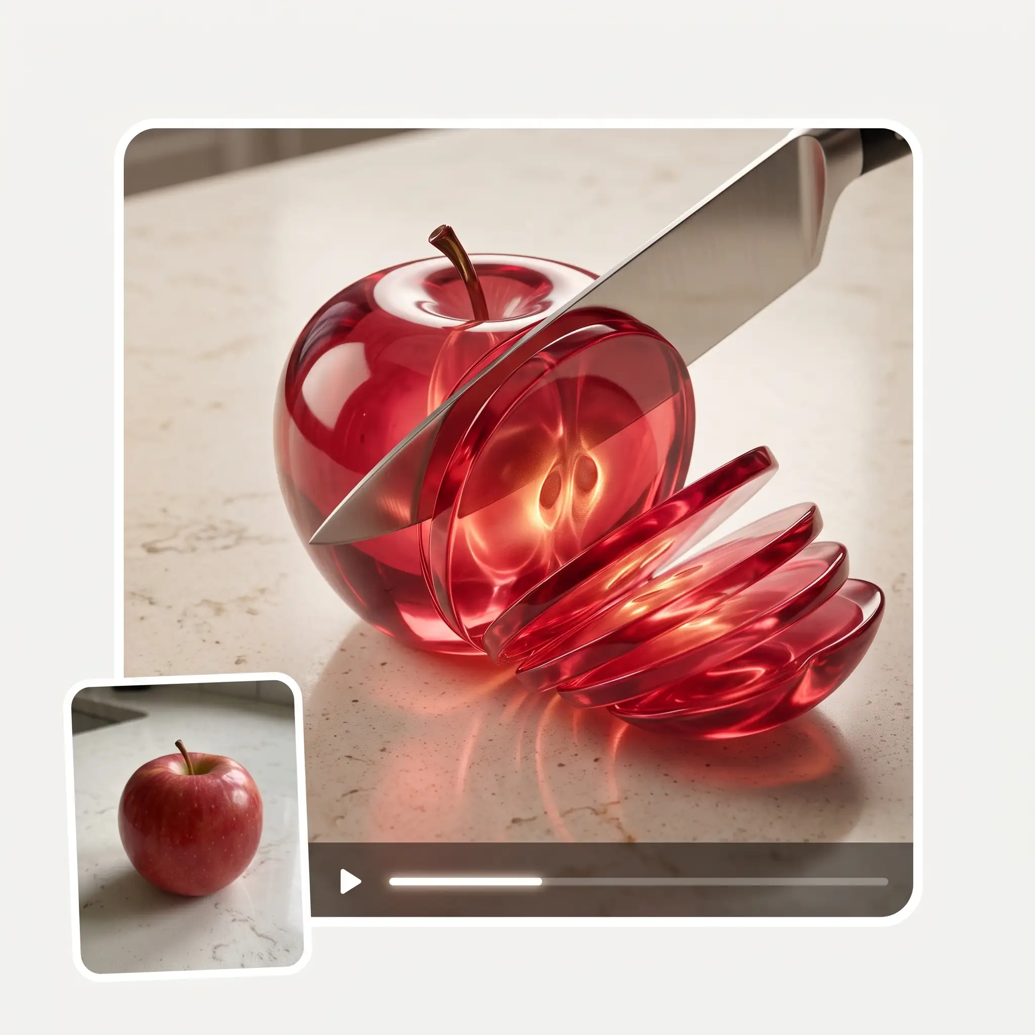 An uploaded photo of a red apple used as the first frame of an AI ASMR video where the apple becomes ruby glass being sliced