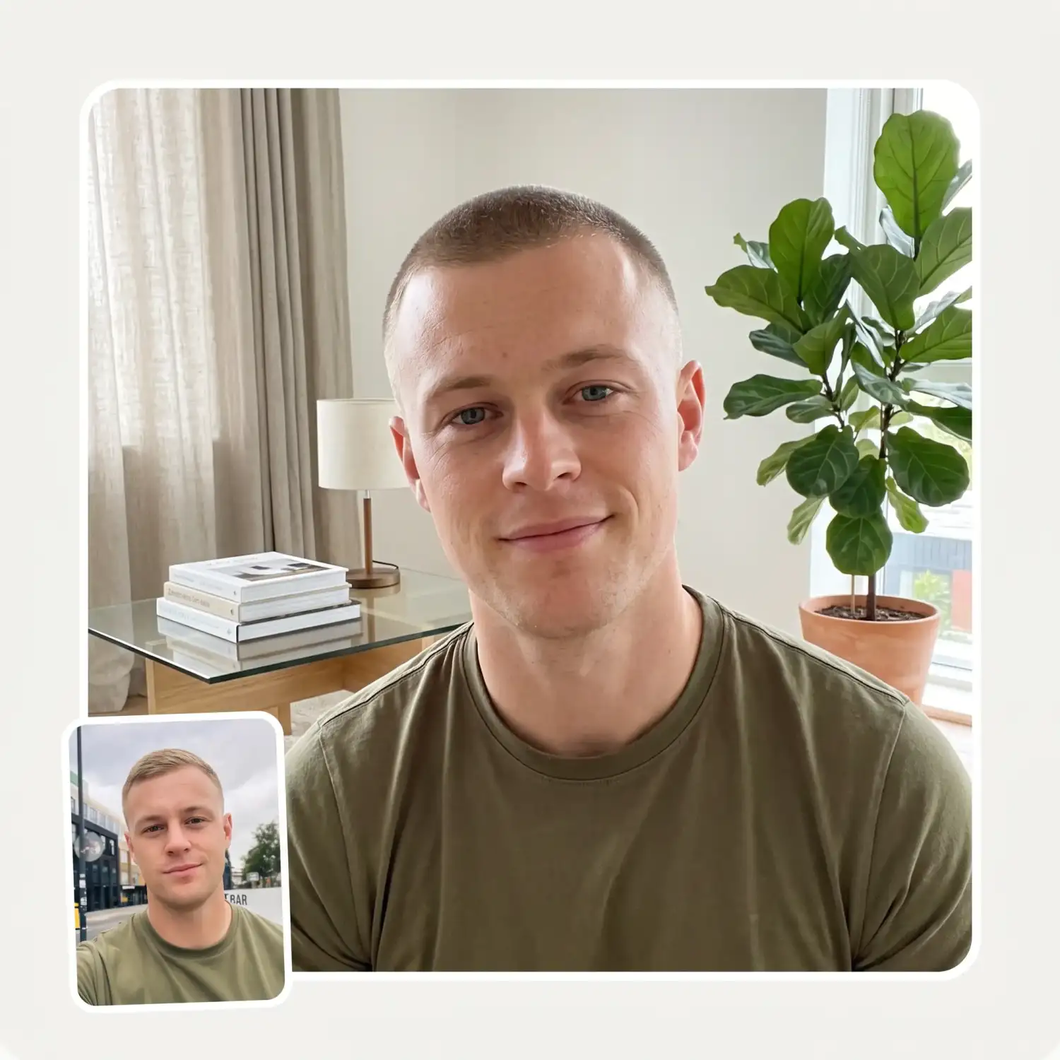 Buzz cut filter before and after: a young man's wavy hair turned into a clean buzz cut, same face and room