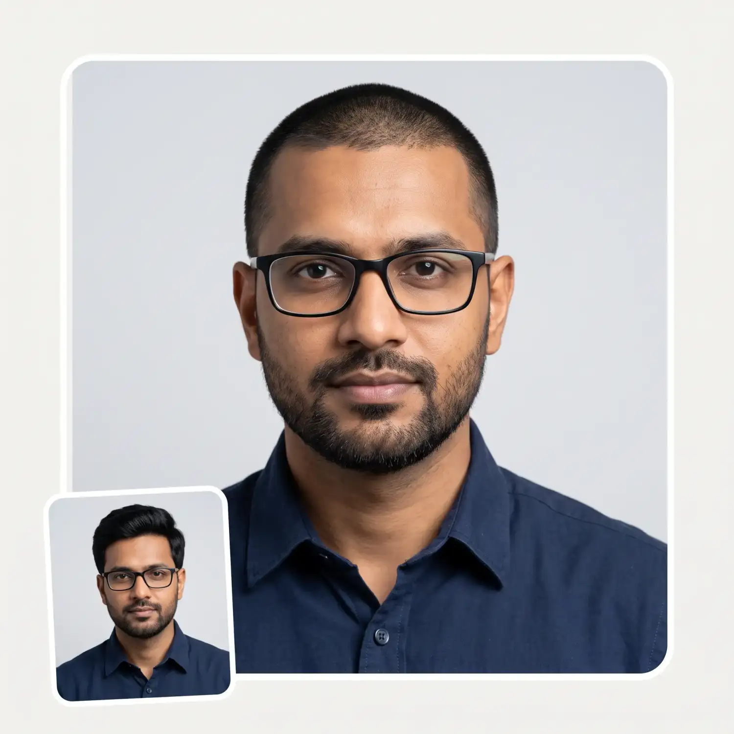 Buzz cut preview on a man with glasses and a beard — both kept exactly the same, only the hair changed