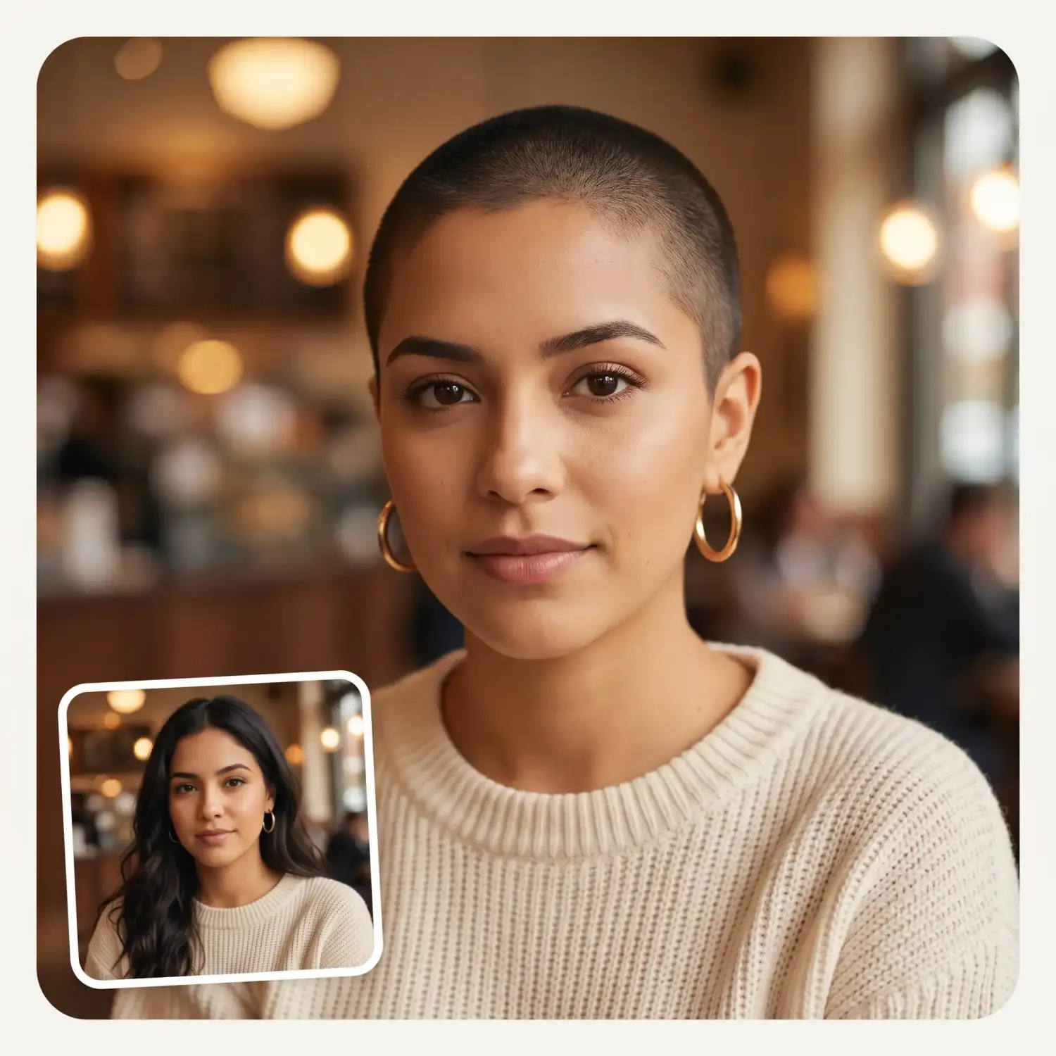 A woman's long dark hair replaced with a realistic buzz cut with visible stubble texture