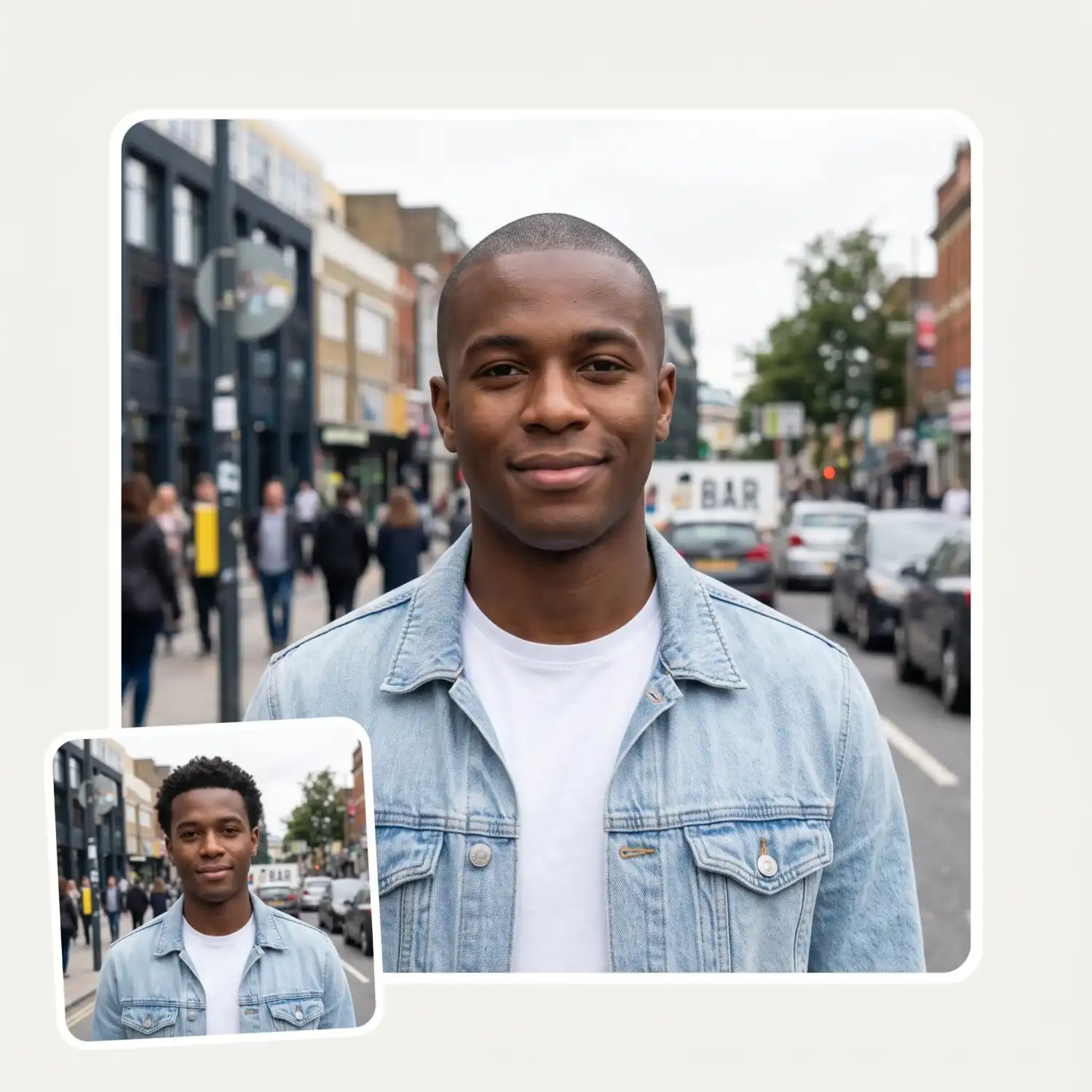 Buzz cut filter applied to a street photo — the busy background stays completely unchanged