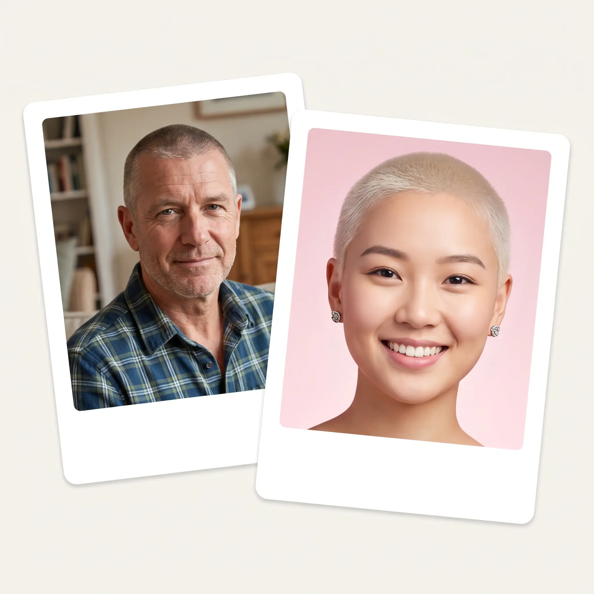 Two buzz cut previews: an older man with a salt-and-pepper buzz and a young woman with a platinum buzz cut