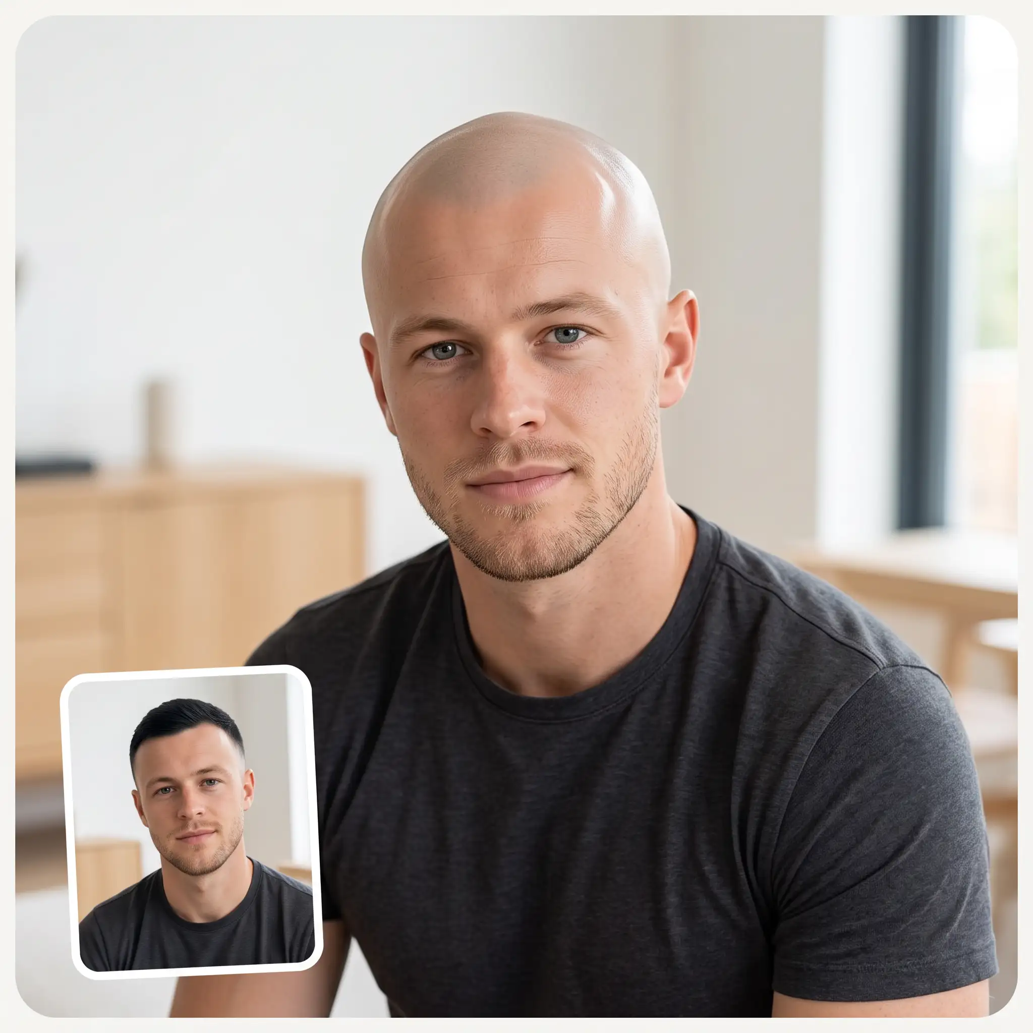Bald filter before and after: a man's full head of hair replaced with a cleanly shaved head, same face and room