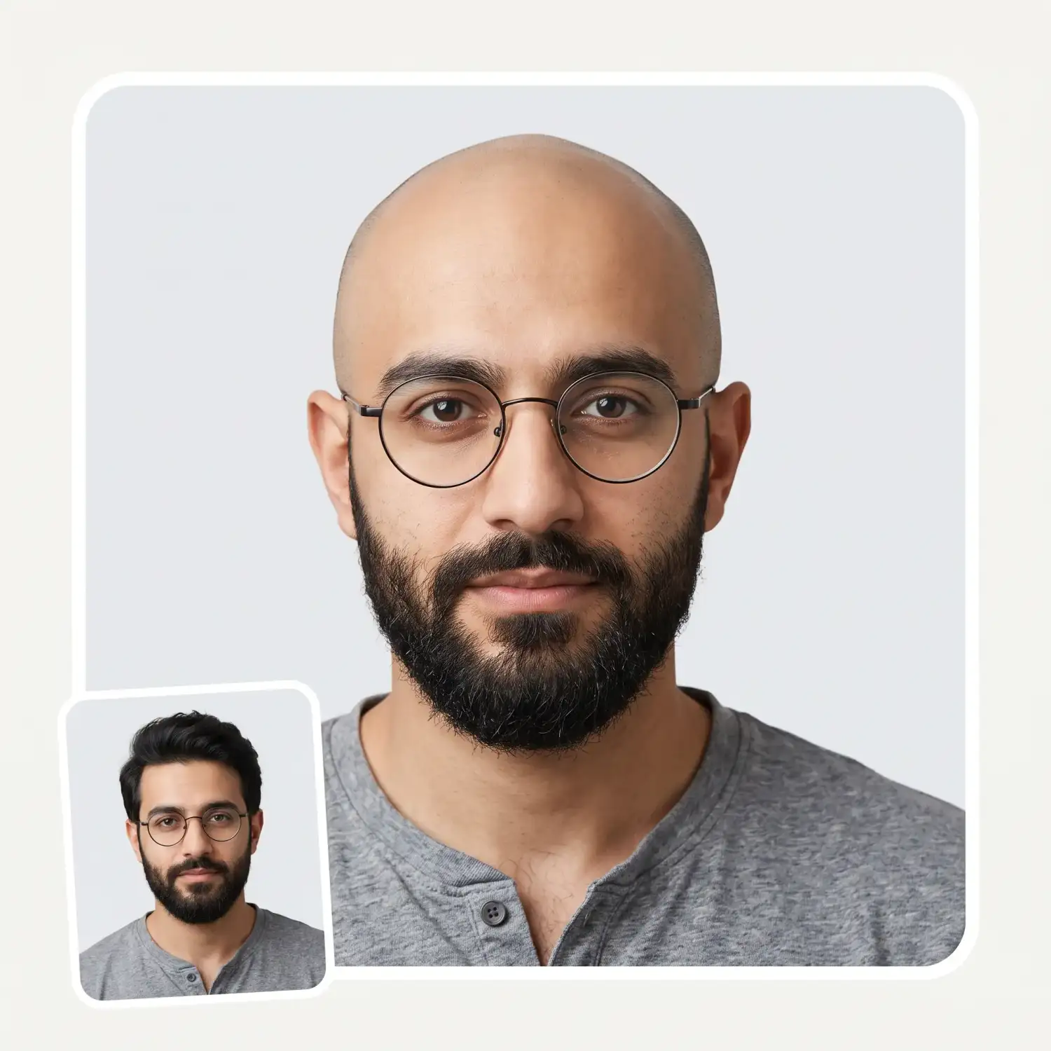 Bald preview on a man with round glasses and a full beard — both kept exactly the same, only the hair removed