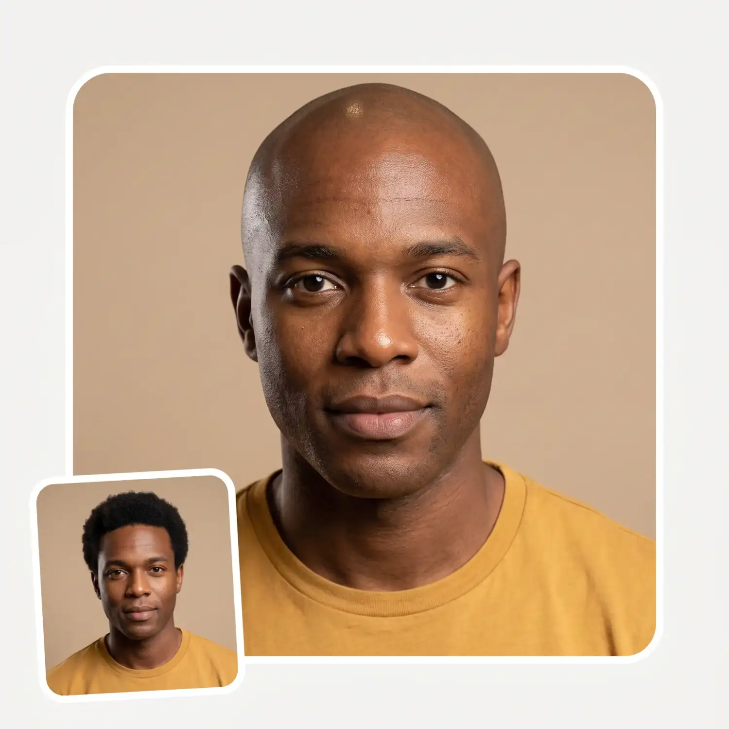 A short afro replaced with a realistic cleanly shaved bald head with natural scalp highlights