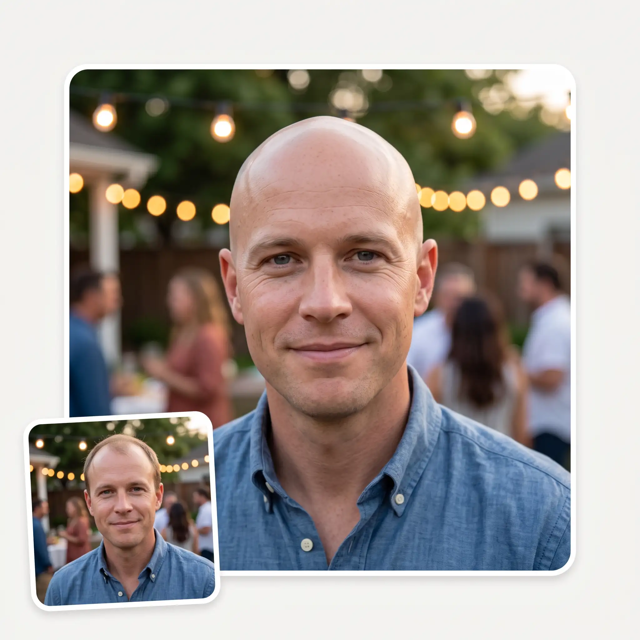 Bald filter applied to a backyard party photo — the string lights and guests stay completely unchanged