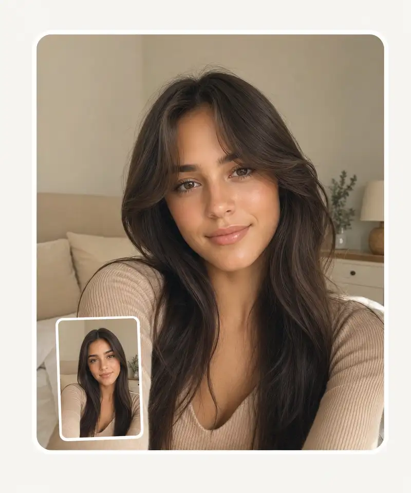 Bangs filter before and after: a young woman with middle-parted hair shown with curtain bangs, same face and room