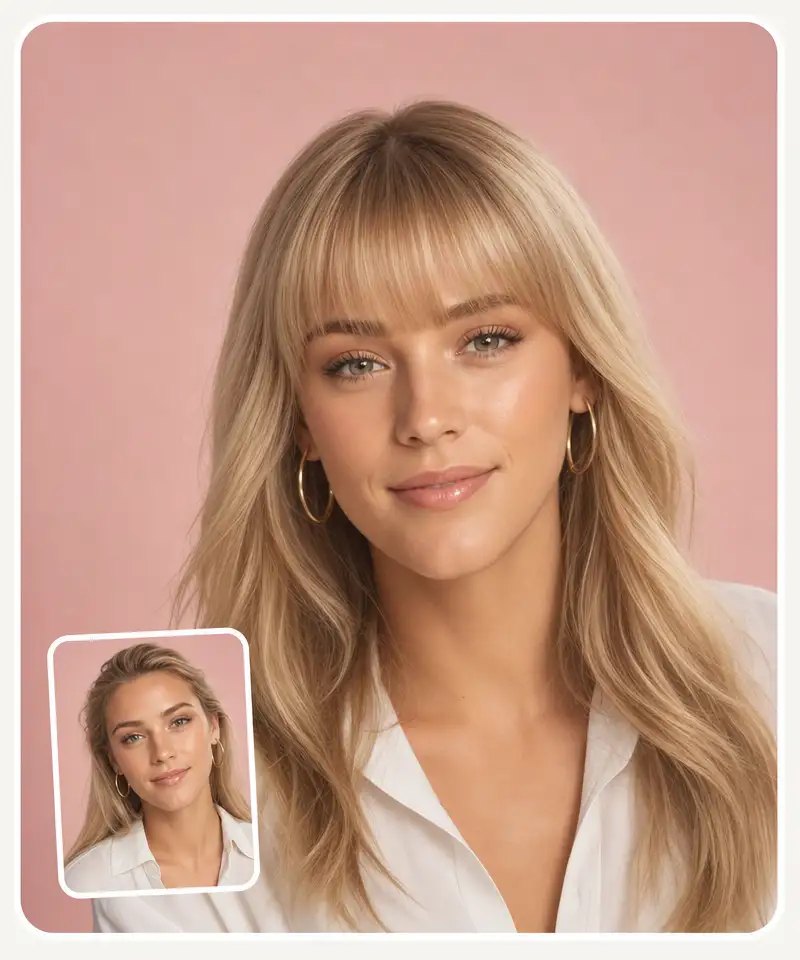 Bangs preview on a blonde woman with a straight full fringe — makeup and gold hoop earrings kept exactly the same