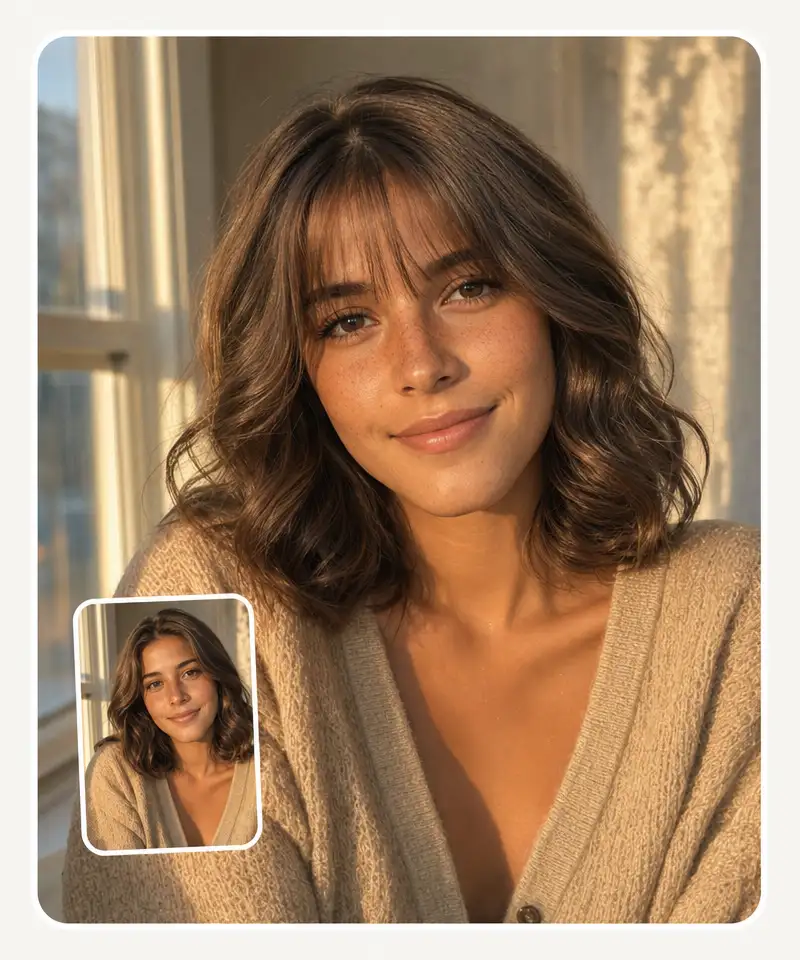 Soft wispy see-through bangs added to a woman's wavy hair in golden-hour window light