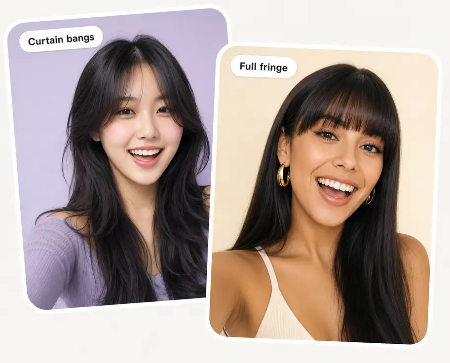 Two bangs styles side by side: curtain bangs on one woman and a straight full fringe on another