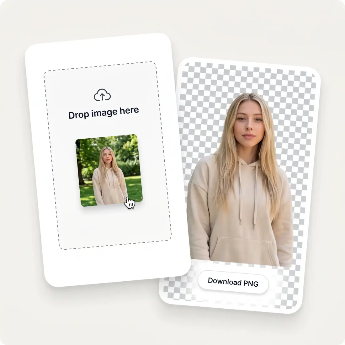 A photo being dropped into the upload panel next to the finished transparent cutout with a download button