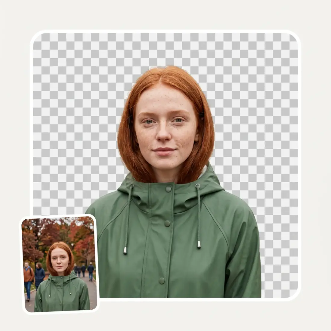 A portrait before background removal and the finished transparent cutout beside it
