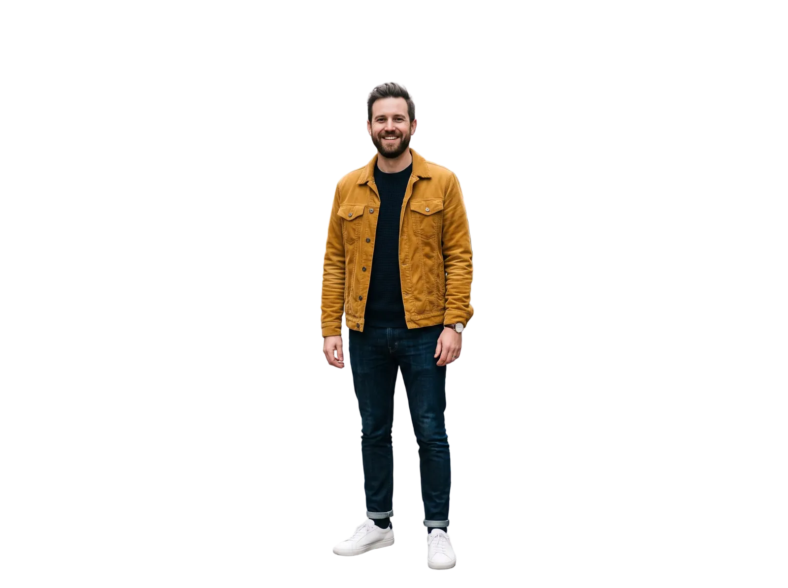 The same man cut out of the street scene on a transparent background