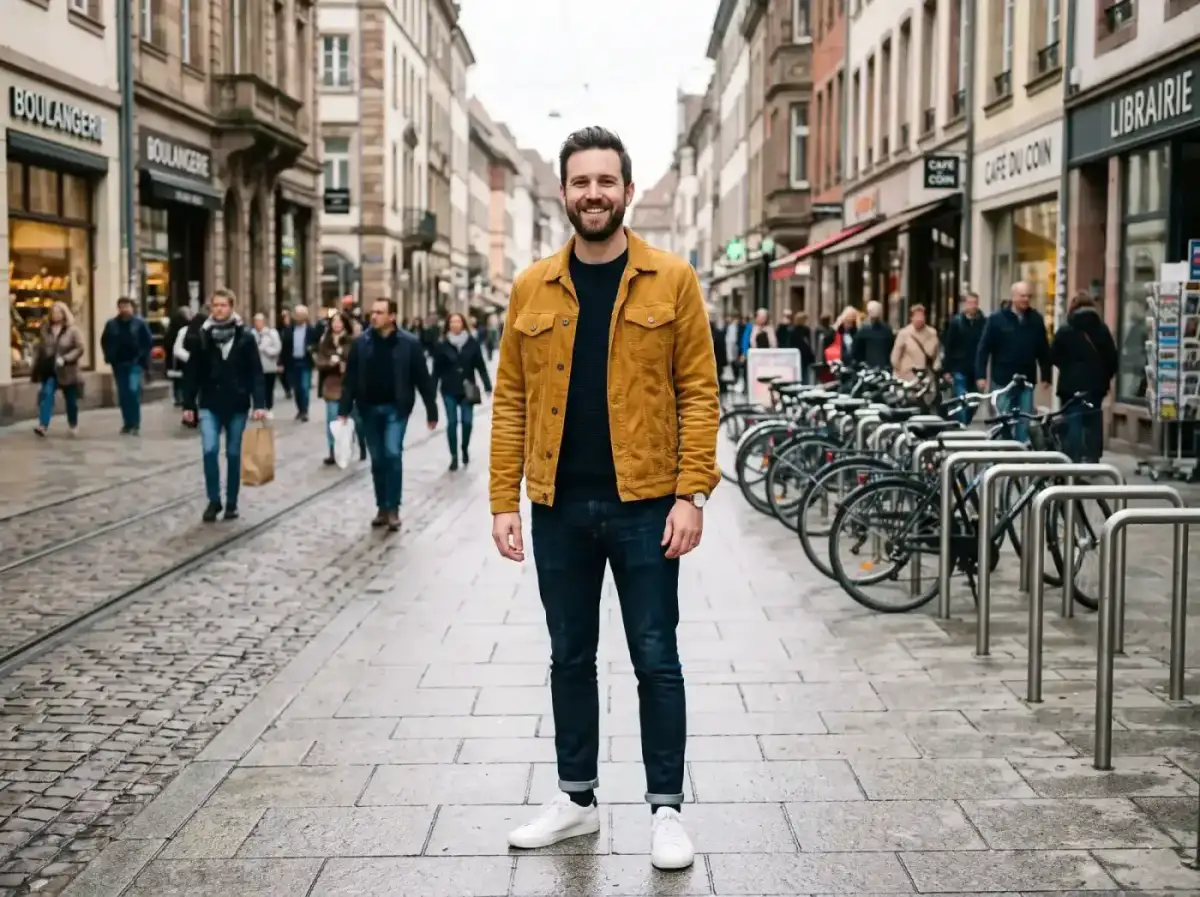 Full-length photo of a man standing on a busy city street