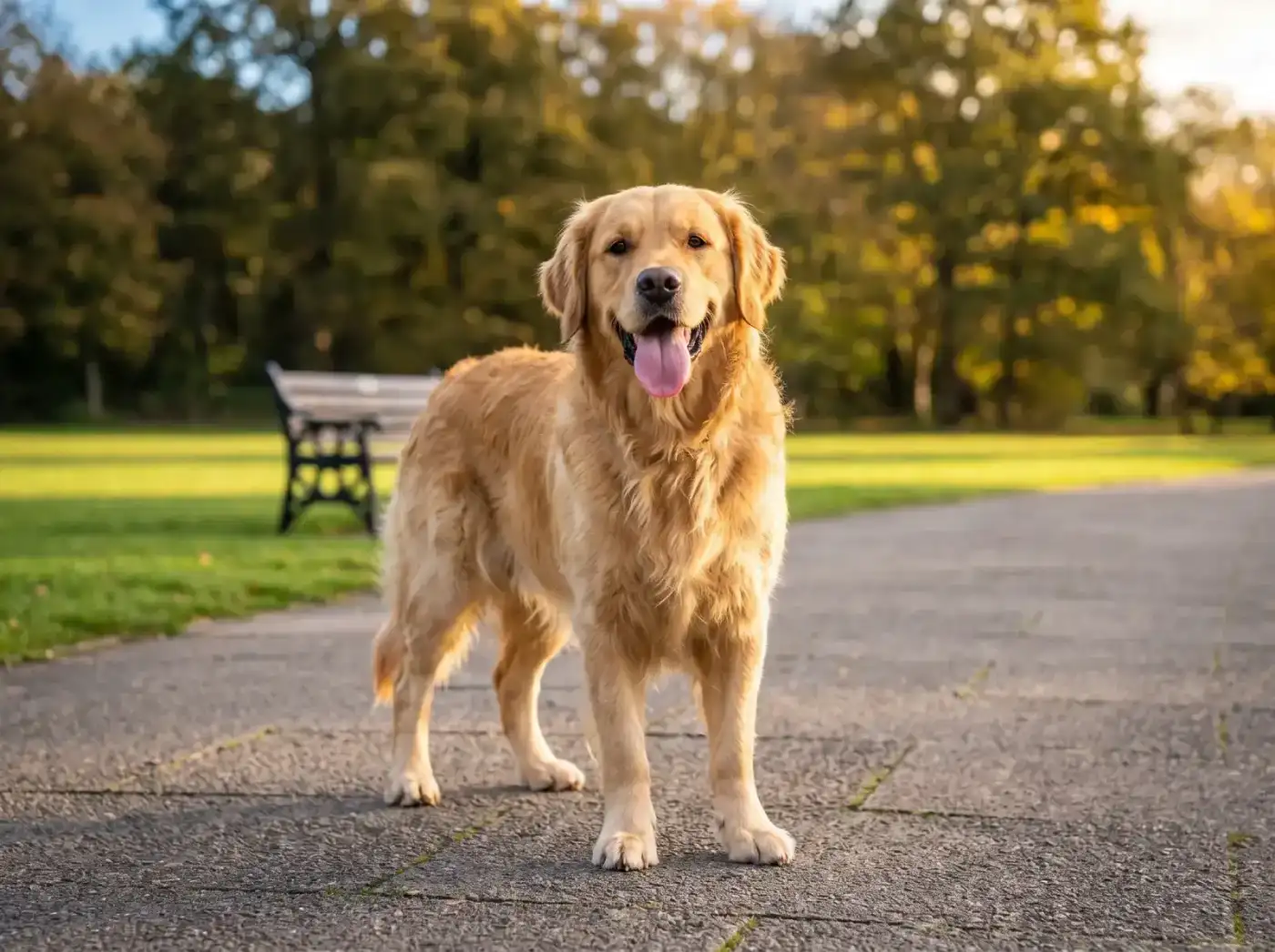 Golden retriever standing on a park footpath