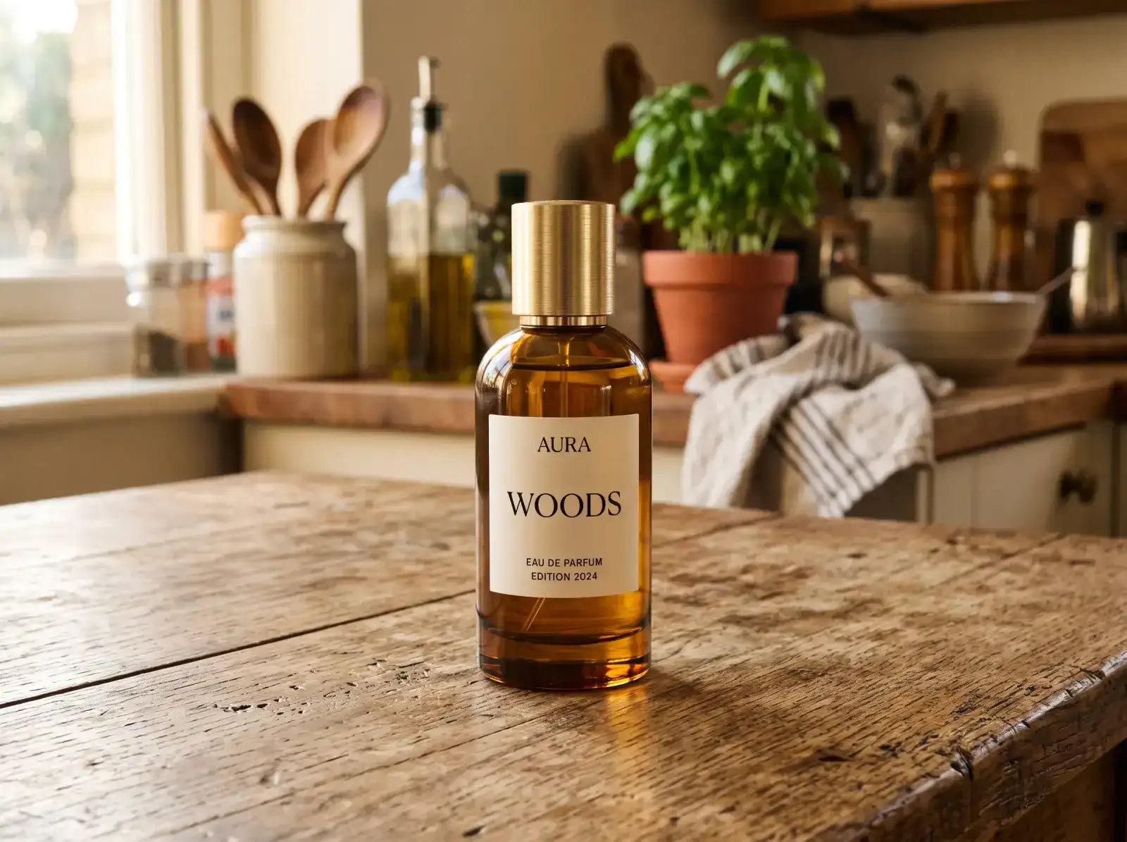 Perfume bottle photographed on a cluttered wooden table