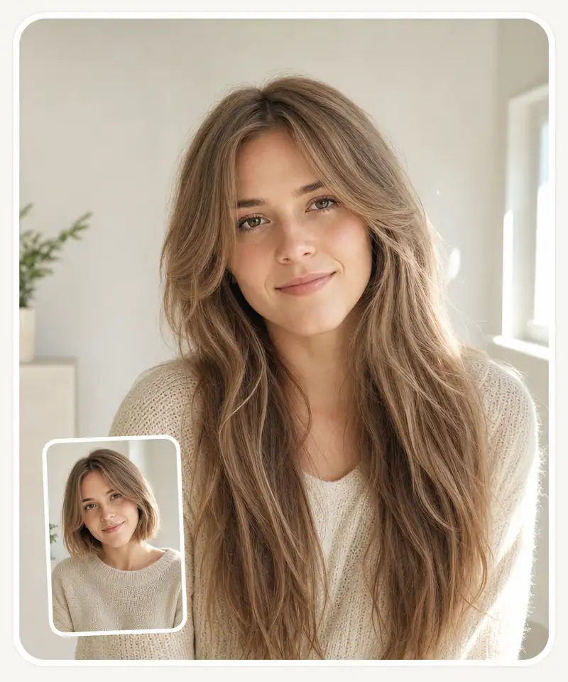 Long hair filter before and after: a woman's chin-length bob grown out to long hair, same face and room