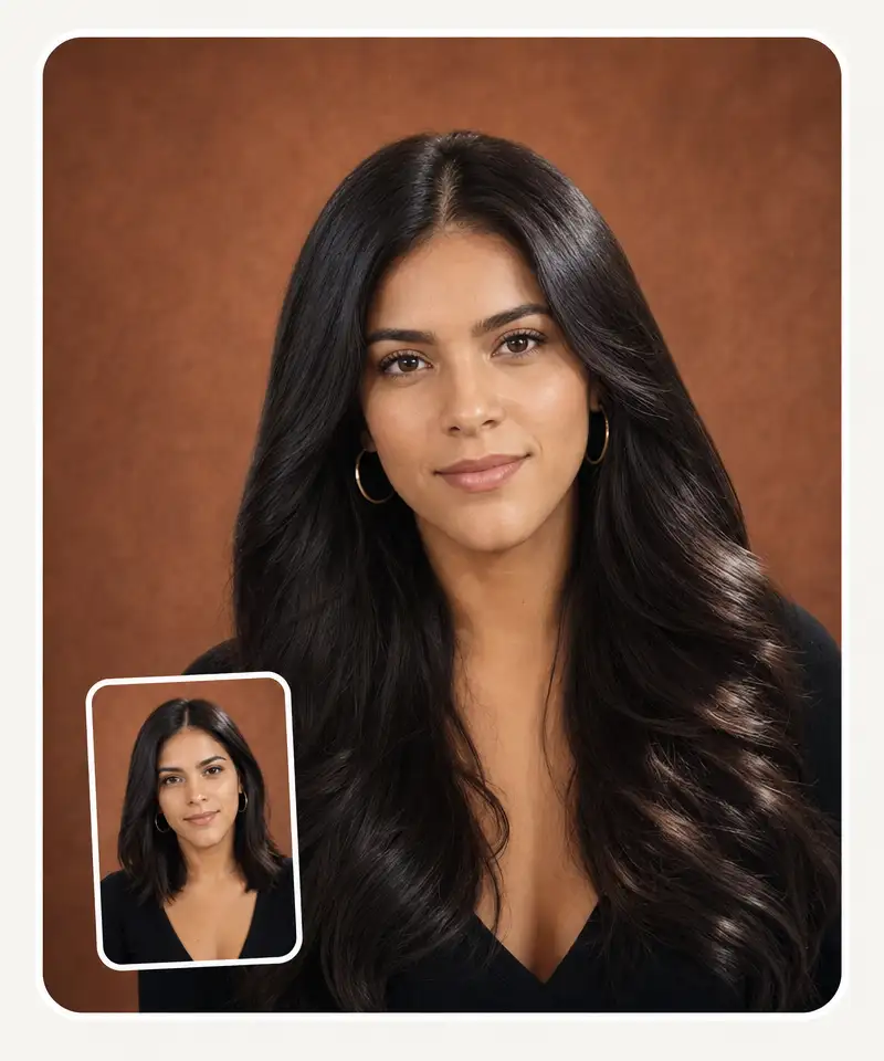 AI-generated long hair draping over the shoulders with natural shine along the length