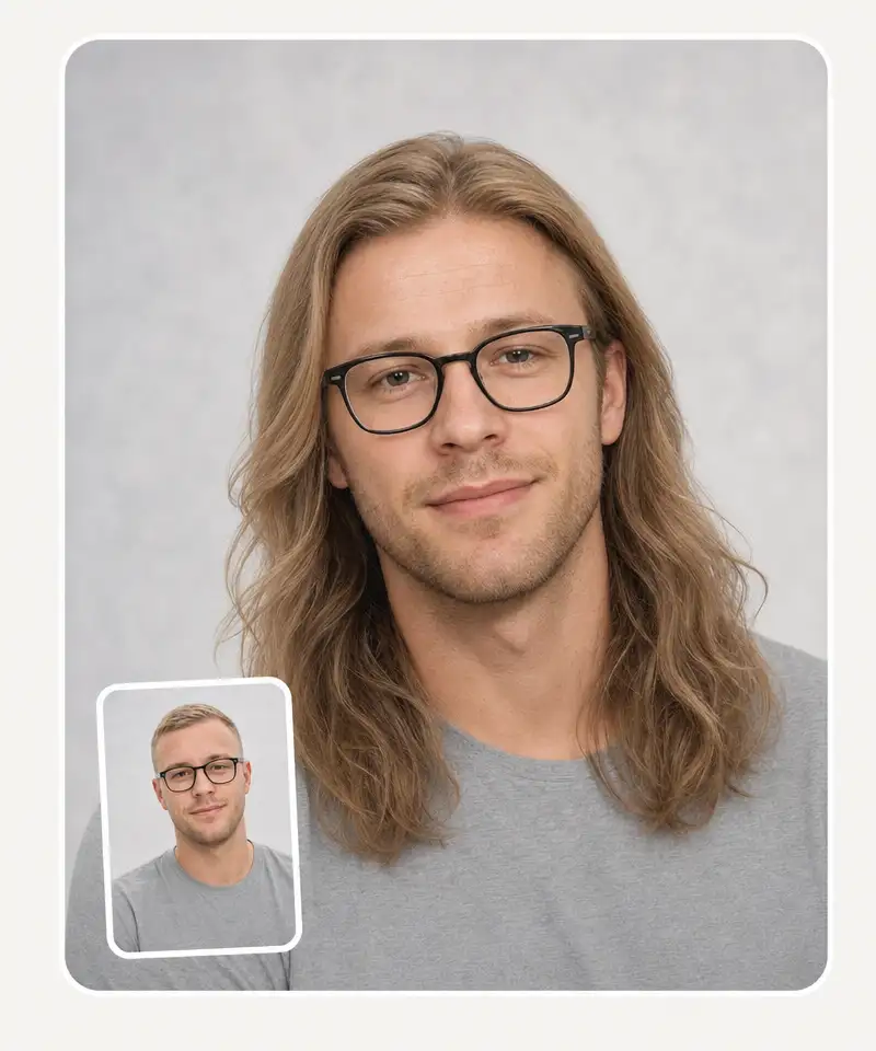 Long hair preview on a man with glasses and a beard — both kept exactly the same, only the length changed