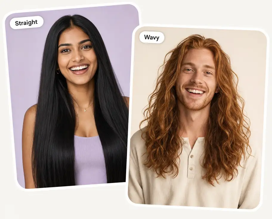 Two long hair examples: straight long hair on a woman and long wavy hair on a man