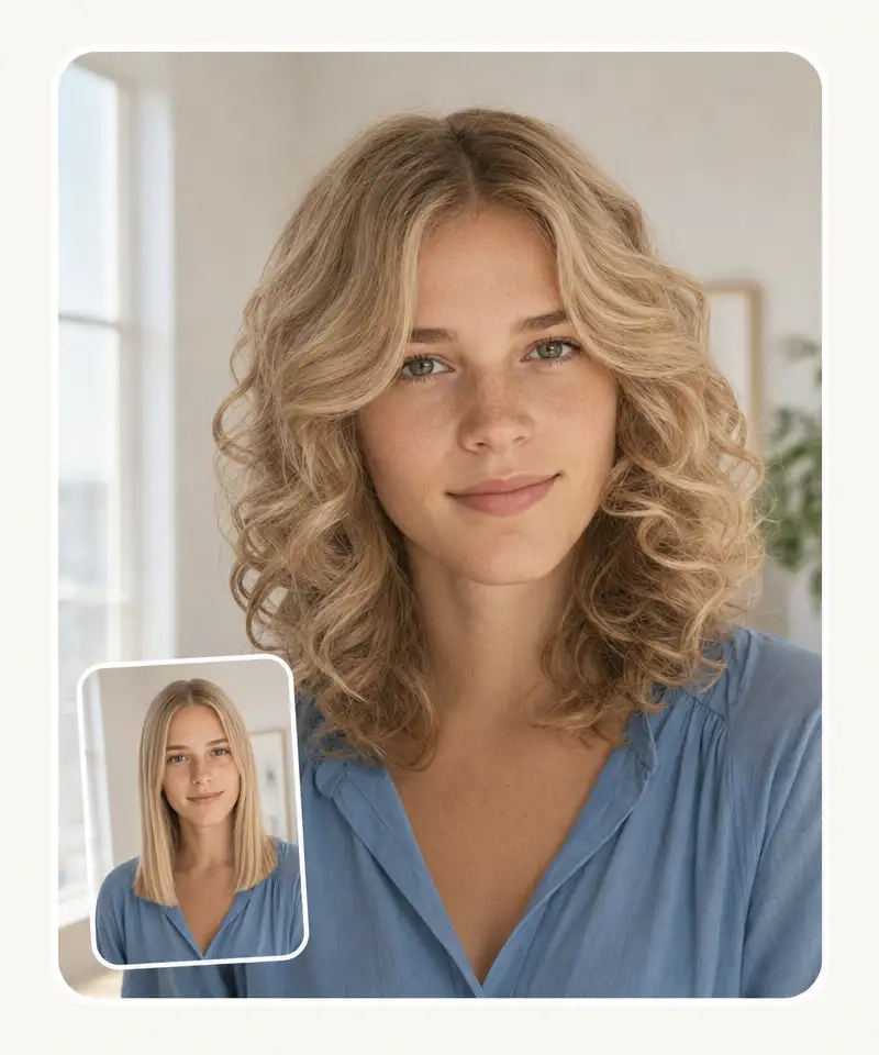 Curly hair filter before and after: a woman's straight blonde hair turned into defined curls, same face and room