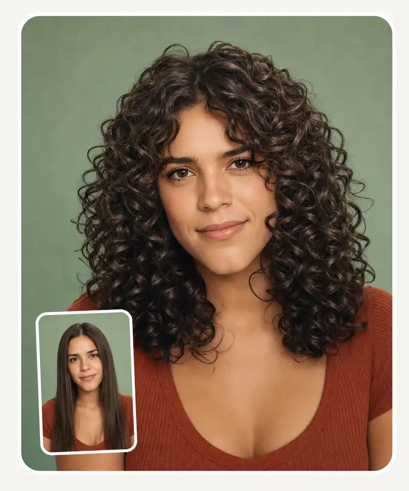 AI-generated curls with separated spirals, root volume and shine following each curve