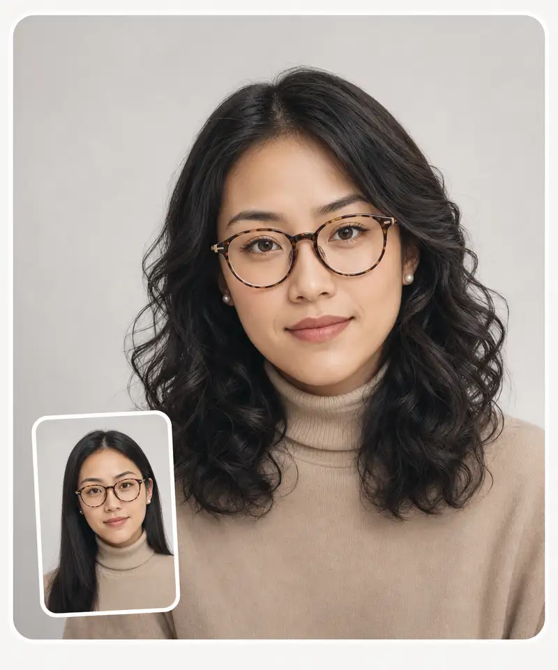 Curly hair preview on a woman with glasses and pearl earrings — both kept exactly the same, only the texture changed