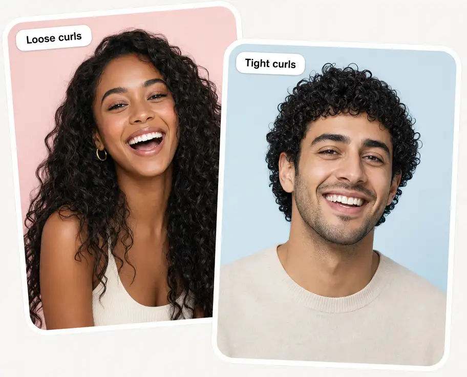 Two curly hair examples: loose curls on a woman and tight curls on a man