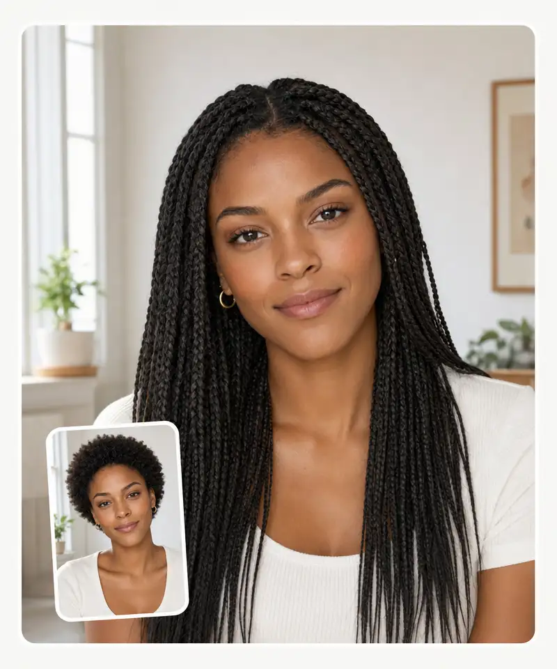 Braids filter before and after: a woman's natural afro turned into long box braids, same face and room