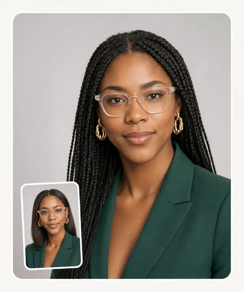 Braids preview on a woman with glasses and gold earrings — both kept exactly the same, only the hair braided