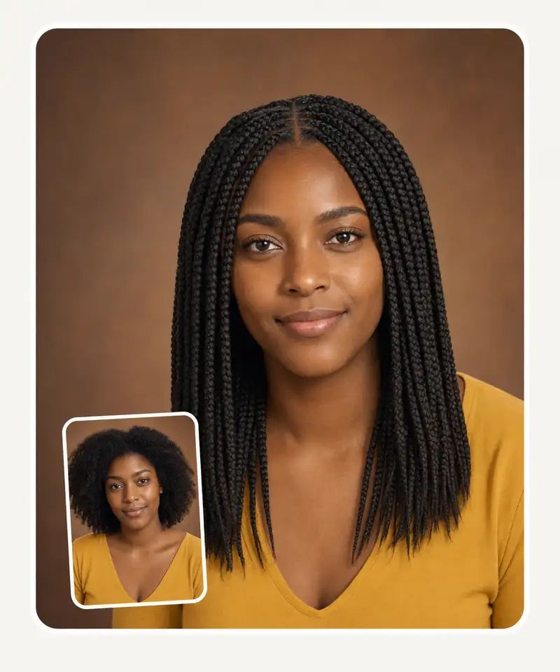 AI-generated box braids with clean visible parts and an even pattern down each braid