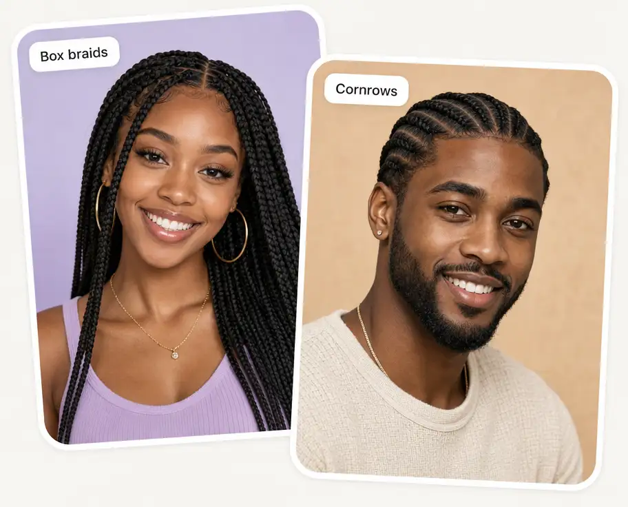 Two braid styles side by side: box braids on a woman and cornrows on a man