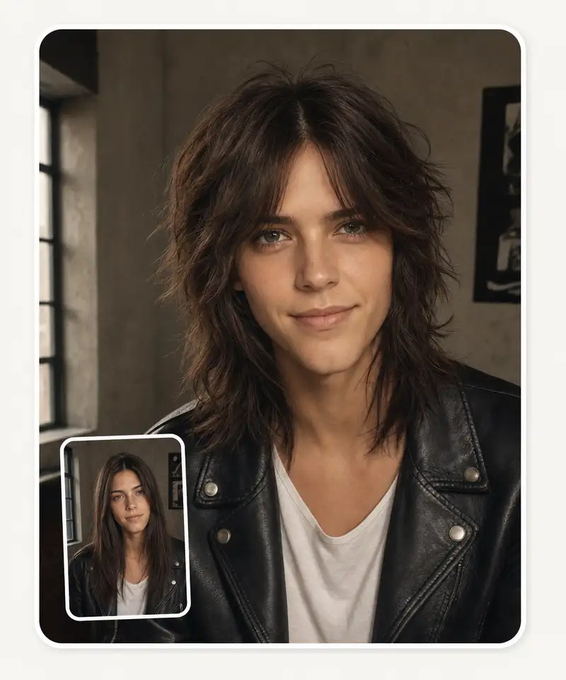 Wolf cut filter before and after: a woman's one-length hair cut into a shaggy wolf cut with a curtain fringe