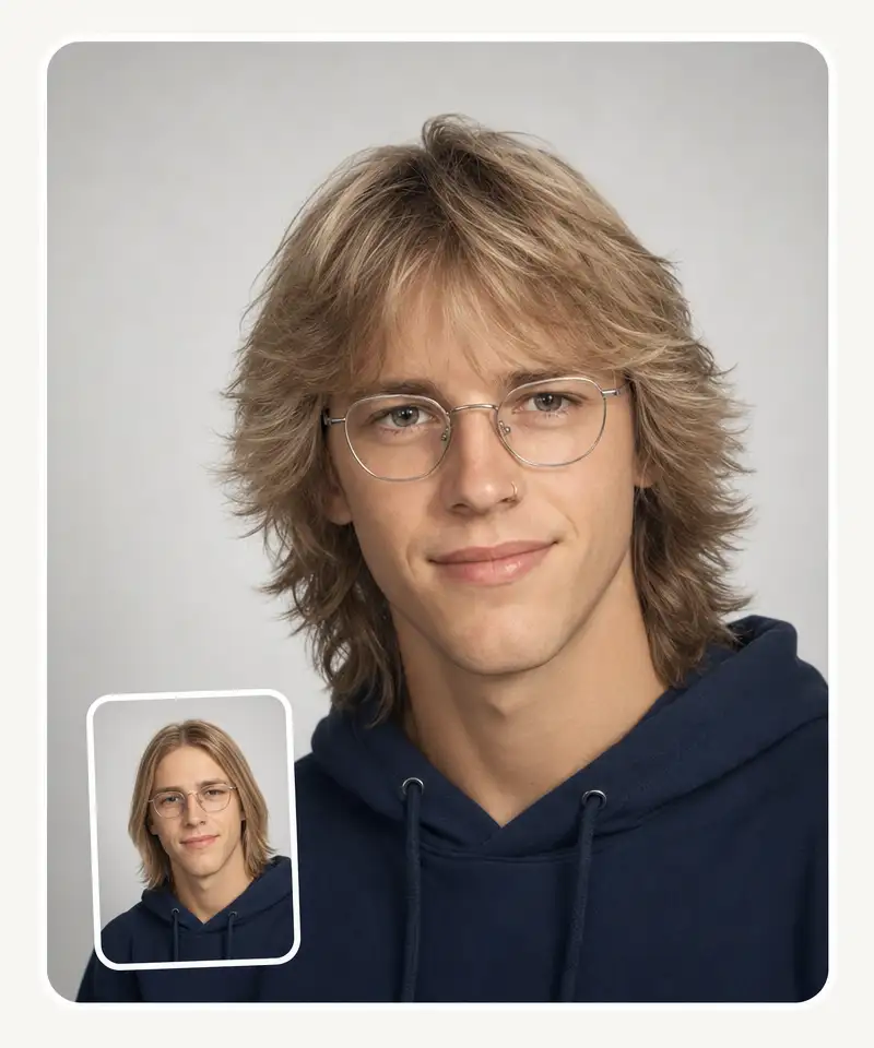 Wolf cut preview on a man with glasses and a nose ring — both kept exactly the same, only the cut changed
