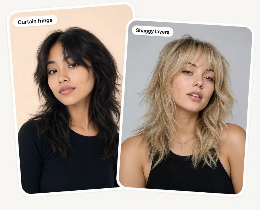 Two wolf cut examples: a curtain fringe version and a heavily layered shaggy version