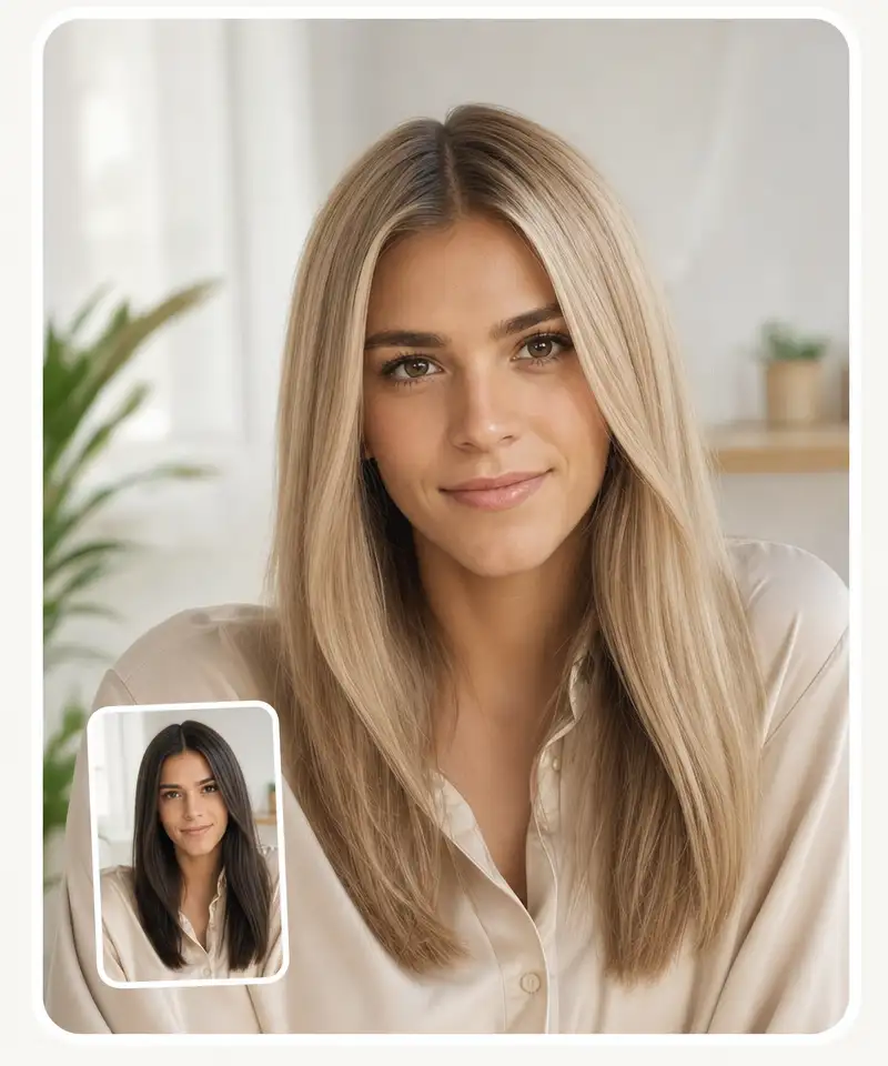 Blonde filter before and after: a woman's brunette hair lightened to a natural blonde, same face and cut