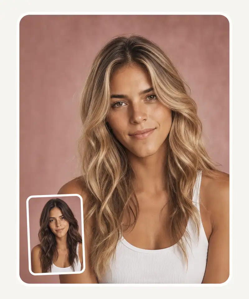 AI-generated blonde with depth at the roots, lighter ends and highlights following the waves