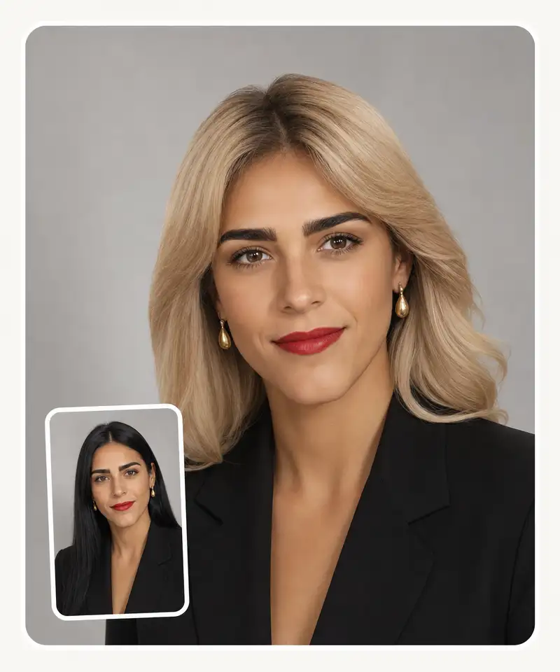 Blonde preview on a woman with dark brows and red lipstick — makeup kept exactly the same, only the hair color changed