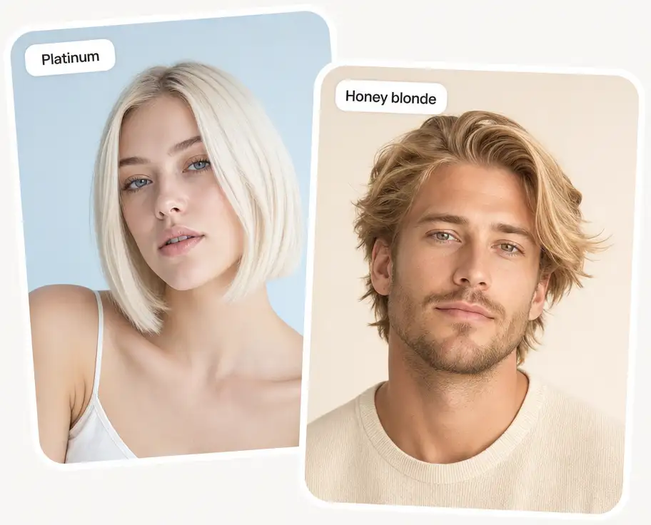 Two blonde shades side by side: a platinum blonde bob and honey blonde hair