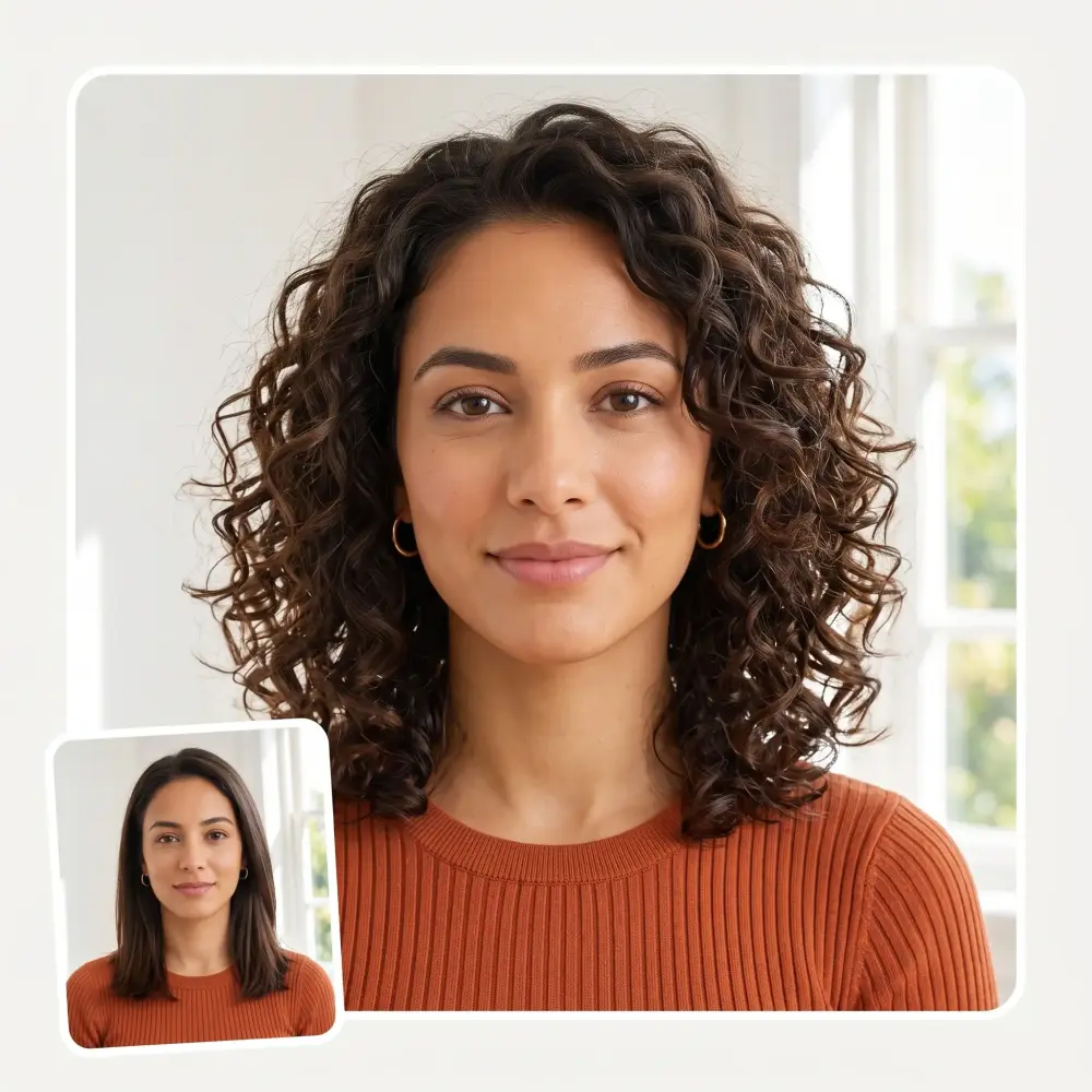 Perm filter before and after: a woman's straight shoulder-length hair turned into springy spiral curls, same face and same room