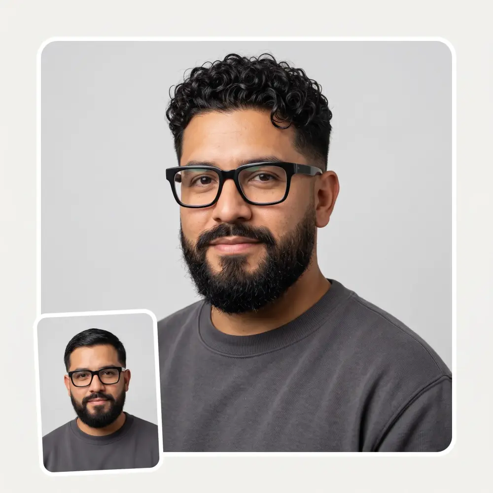 Perm preview on a man with glasses and a beard — both kept exactly the same, only the hair texture changed